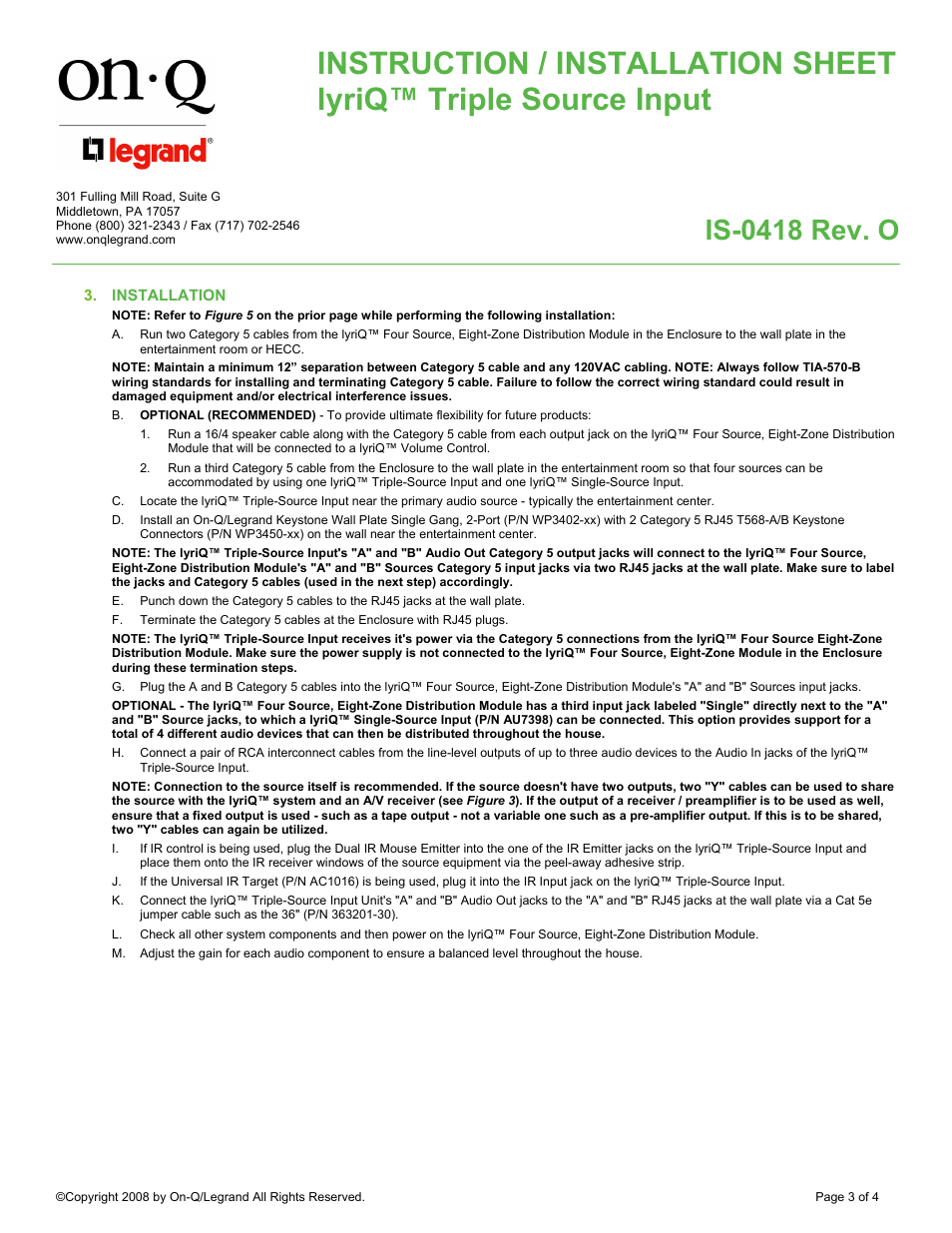 Is-0418 rev. o | Legrand AU7428 User Manual | Page 3 / 4