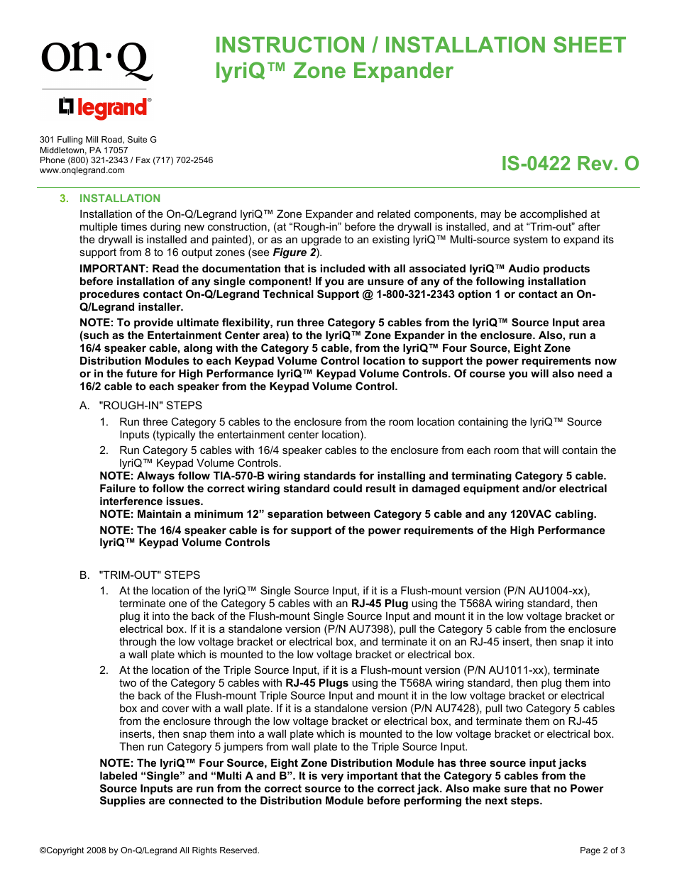 Is-0422 rev. o | Legrand AU1022 User Manual | Page 2 / 3