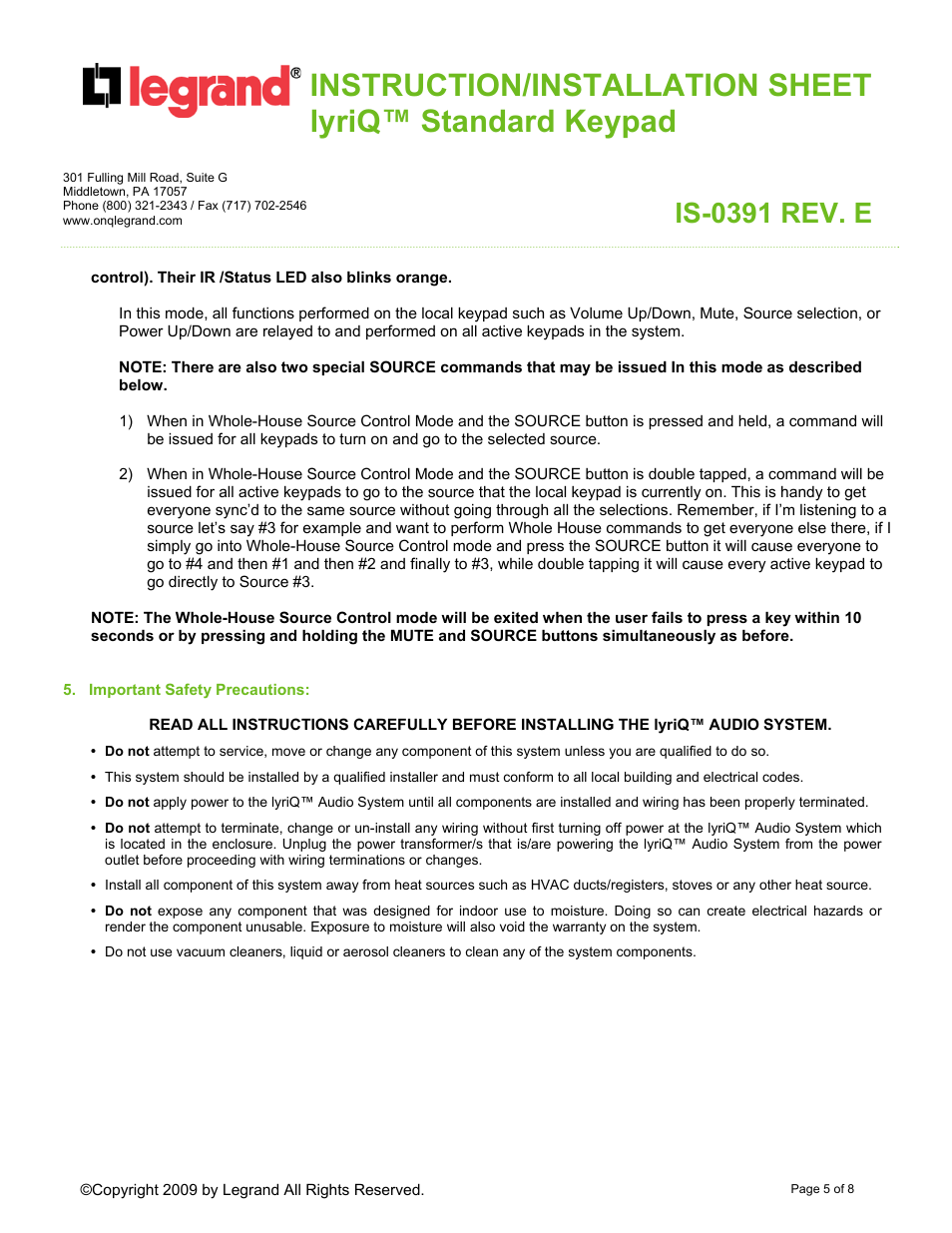 Is-0391 rev. e | Legrand AU7394-XX User Manual | Page 5 / 8