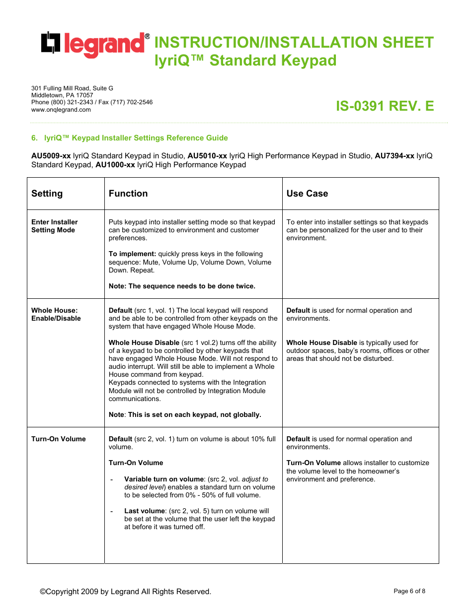 Is-0391 rev. e | Legrand AU7394-XX User Manual | Page 6 / 8