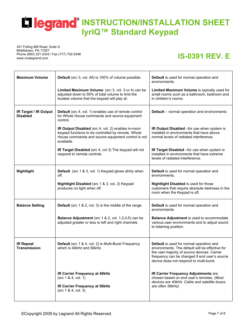 Is-0391 rev. e | Legrand AU7394-XX User Manual | Page 7 / 8