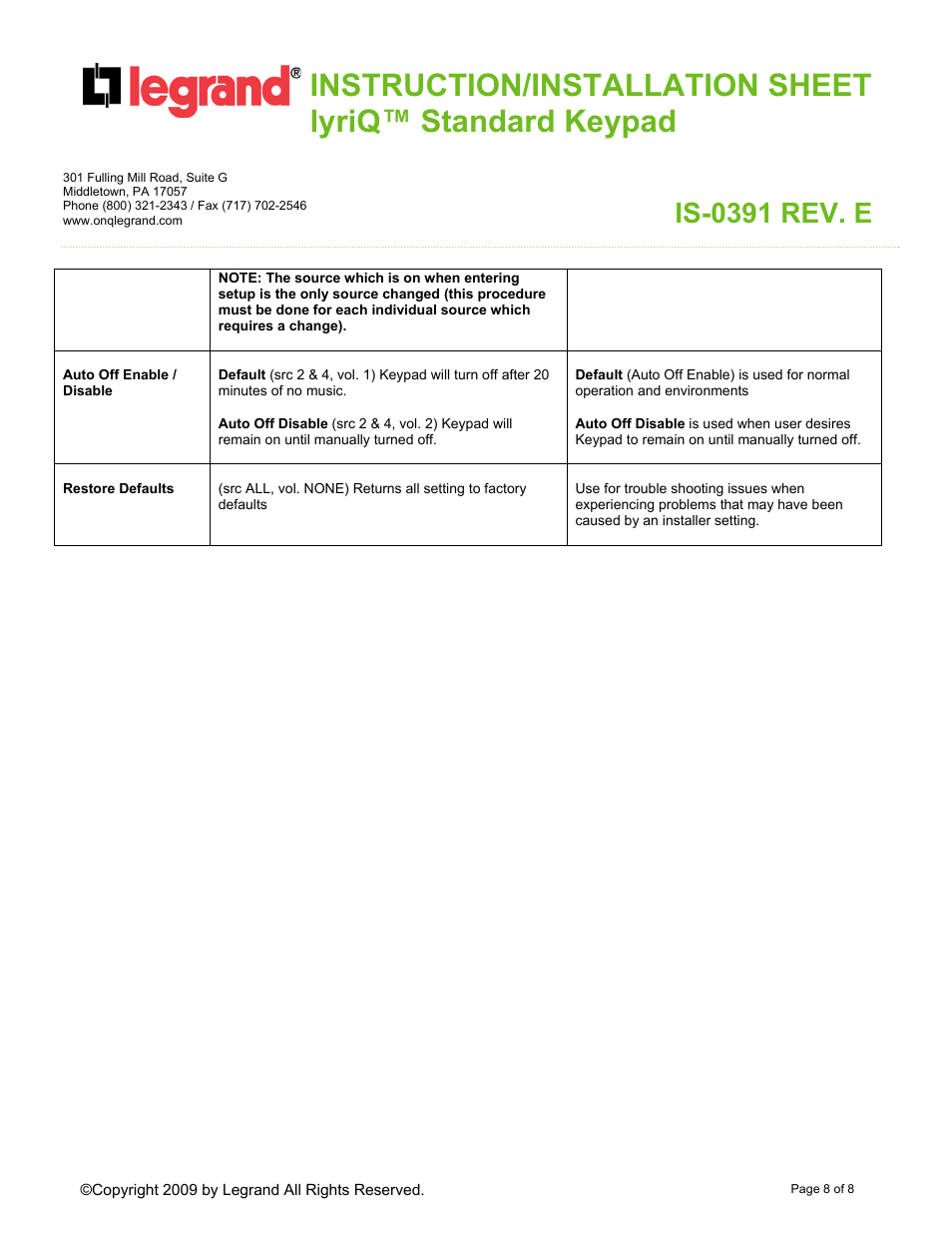 Is-0391 rev. e | Legrand AU7394-XX User Manual | Page 8 / 8