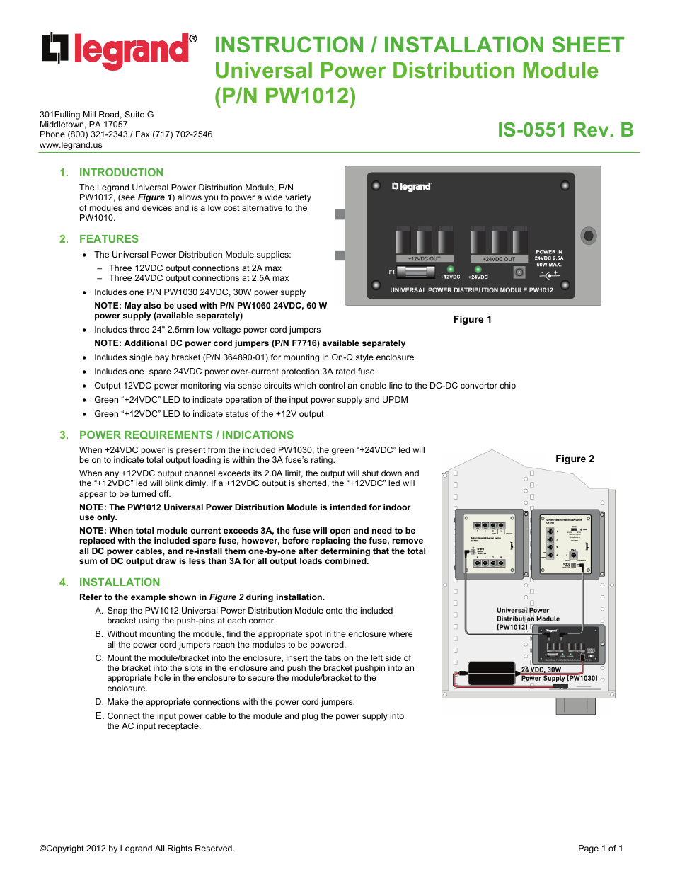 Legrand PW1012 User Manual | 1 page