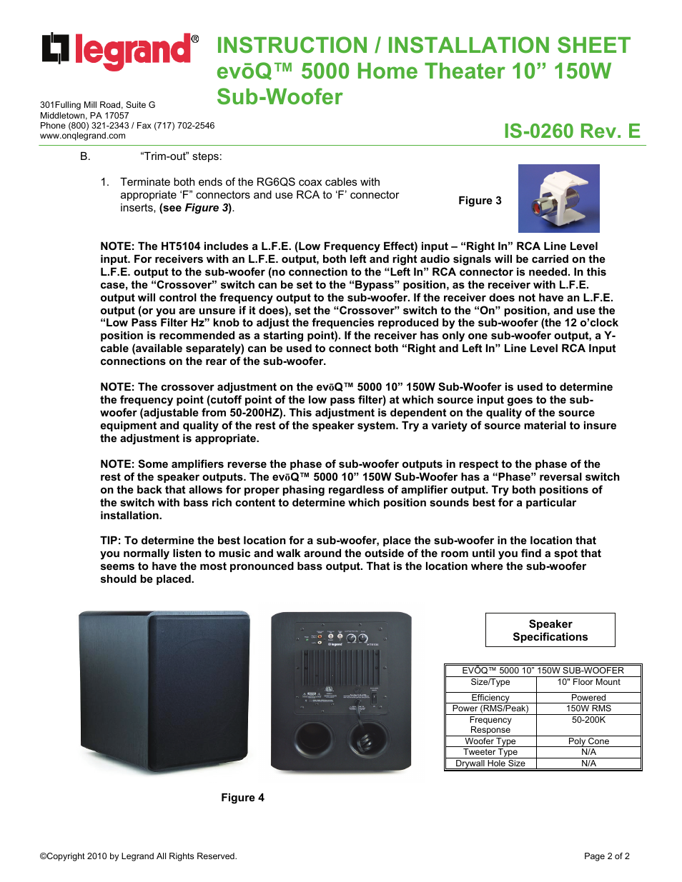 Is-0260 rev. e | Legrand HT5104 User Manual | Page 2 / 2