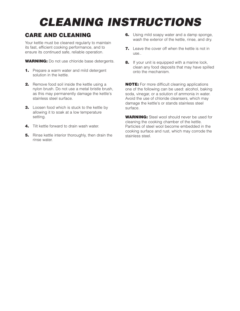 Cleaning instructions, Care and cleaning | Cleveland Range SD-1050 User Manual | Page 6 / 18