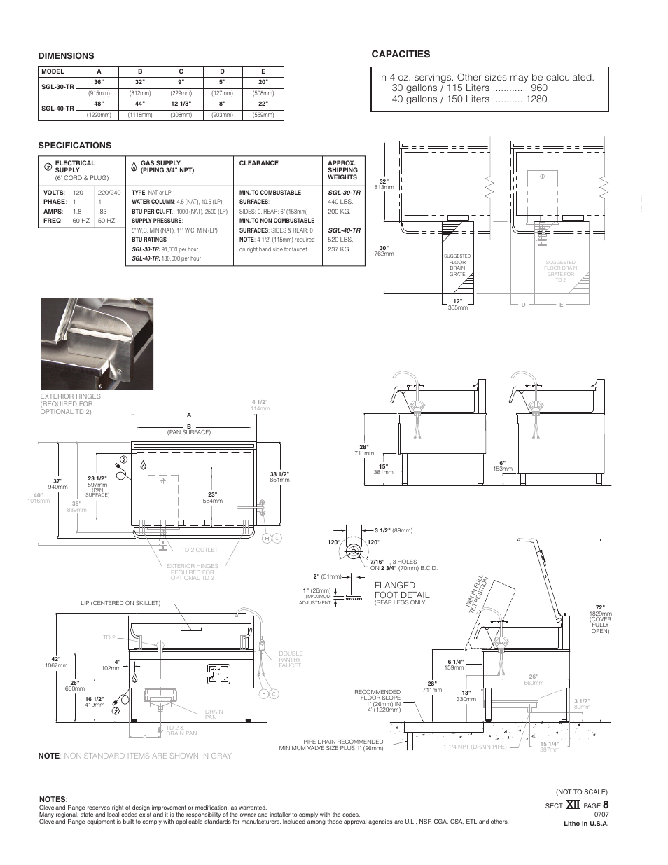 Flanged foot detail, Specifications, Dimensions | Cleveland Range Open Base & Modular Gas Skillet SGM-30-TR User Manual | Page 2 / 2