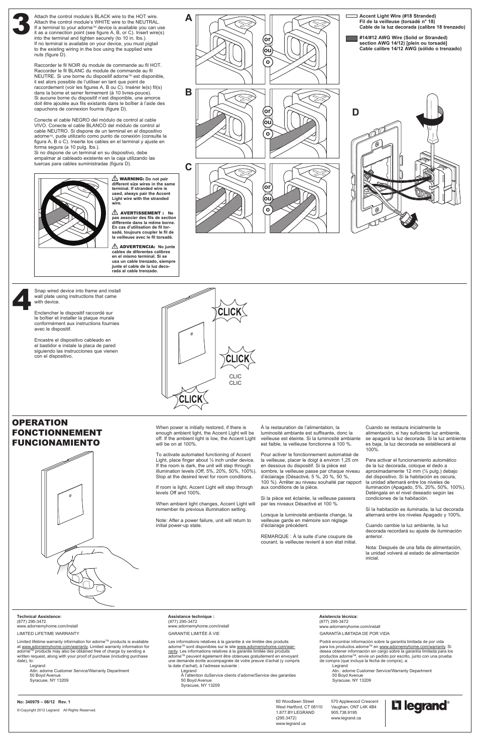 Ab c, Operation fonctionnement funcionamiento | Legrand AAAL1G4 User Manual | Page 2 / 2