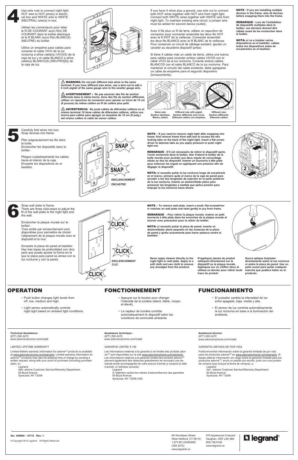 Operation, Fonctionnement, Funcionamiento | Legrand AANLM14 User Manual | Page 2 / 2