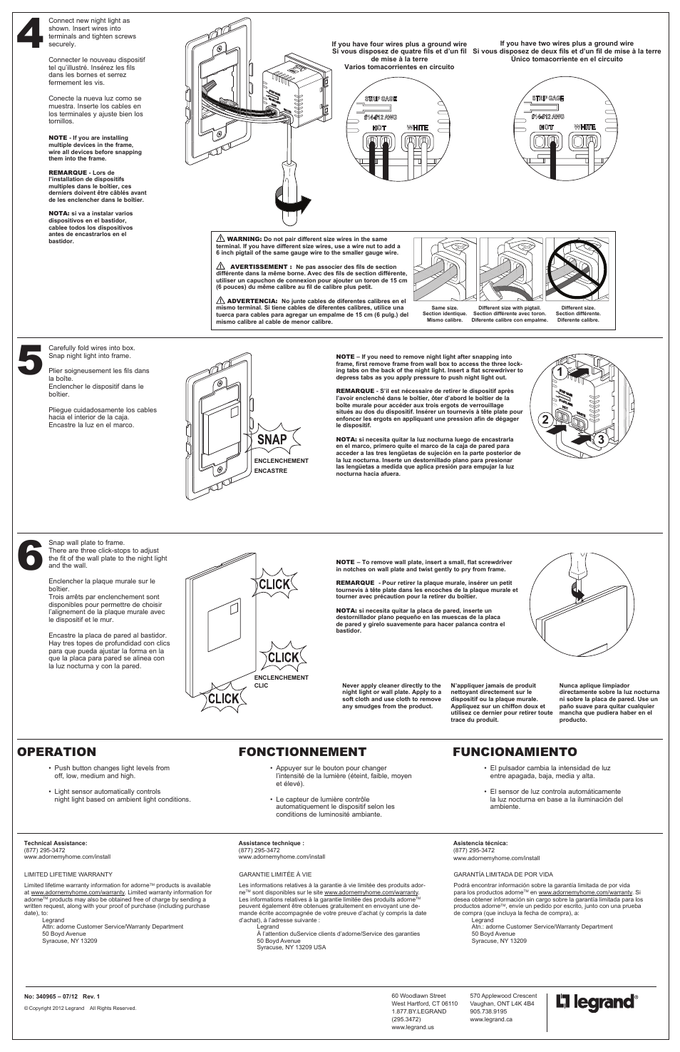 Operation, Fonctionnement, Funcionamiento | Legrand AANLM24 User Manual | Page 2 / 2