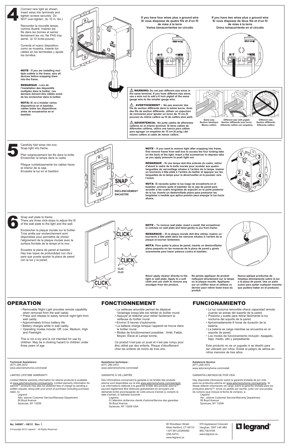 Operation, Funcionamiento fonctionnement | Legrand AARNL2 User Manual | Page 2 / 2