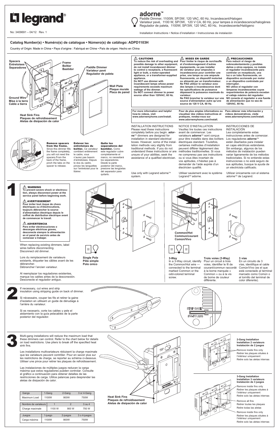 Legrand ADPD1103H User Manual | 2 pages