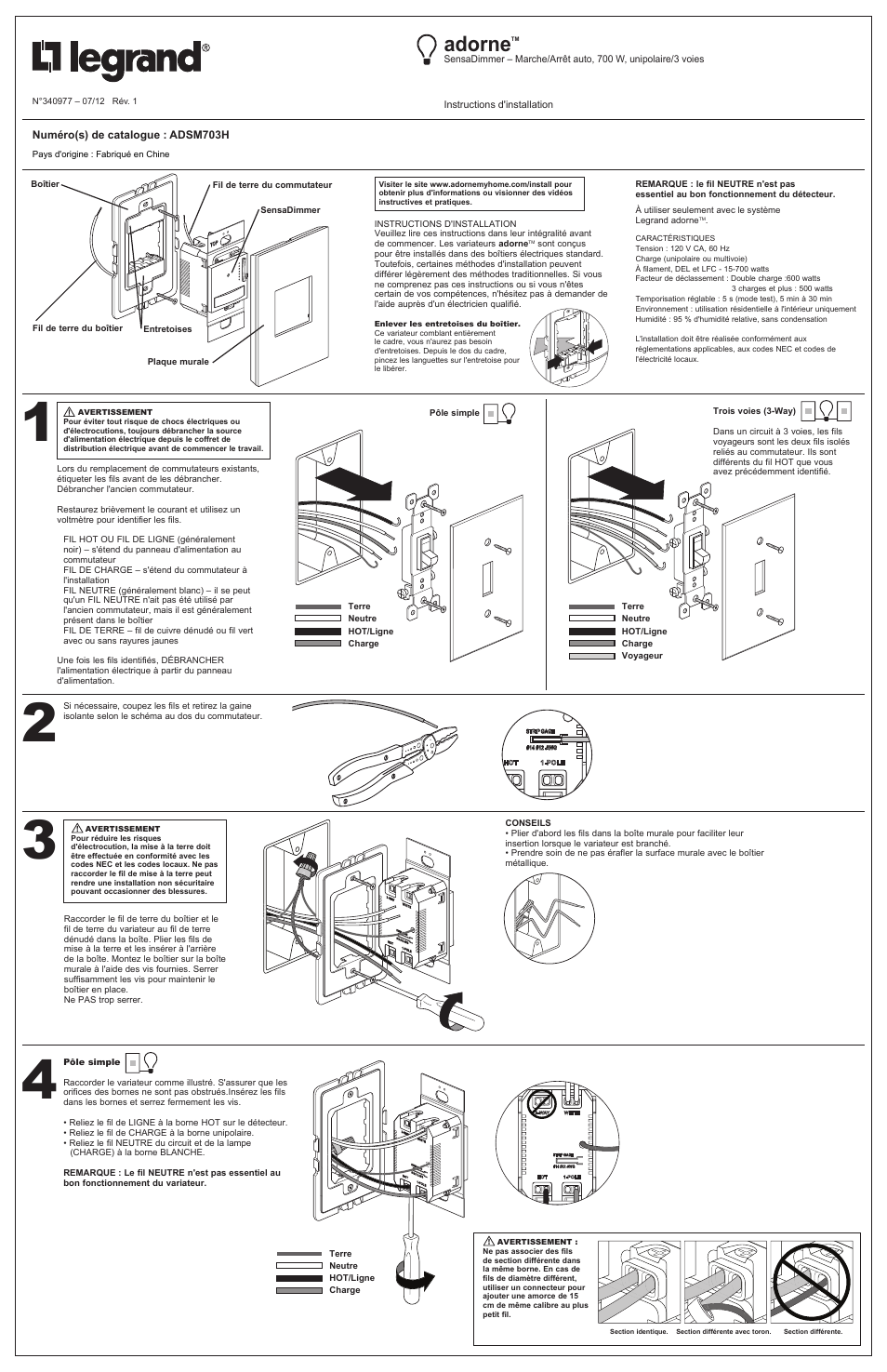 Adorne, Do n ot u se plat e ins tall ed with out a wal l | Legrand ADSM703H User Manual | Page 3 / 6