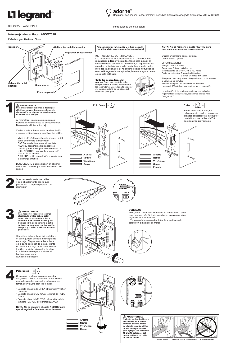 Adorne, Do n ot u se plat e ins tall ed with out a wal l | Legrand ADSM703H User Manual | Page 5 / 6