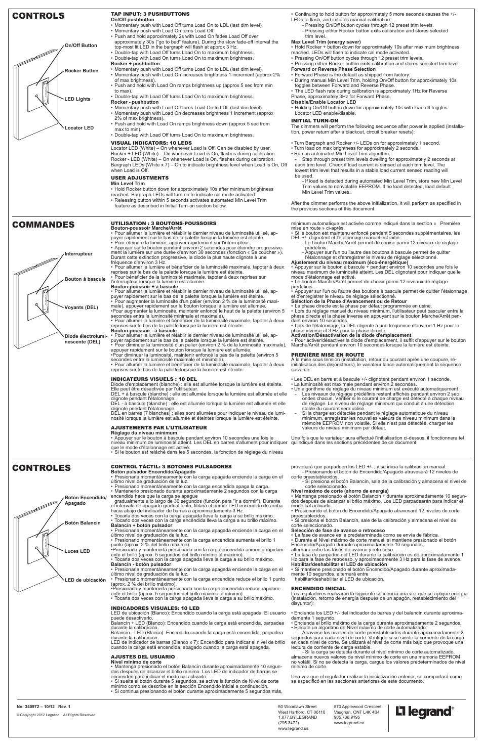 Commandes, Controls, Controles | Legrand ADTP703TU User Manual | Page 3 / 4