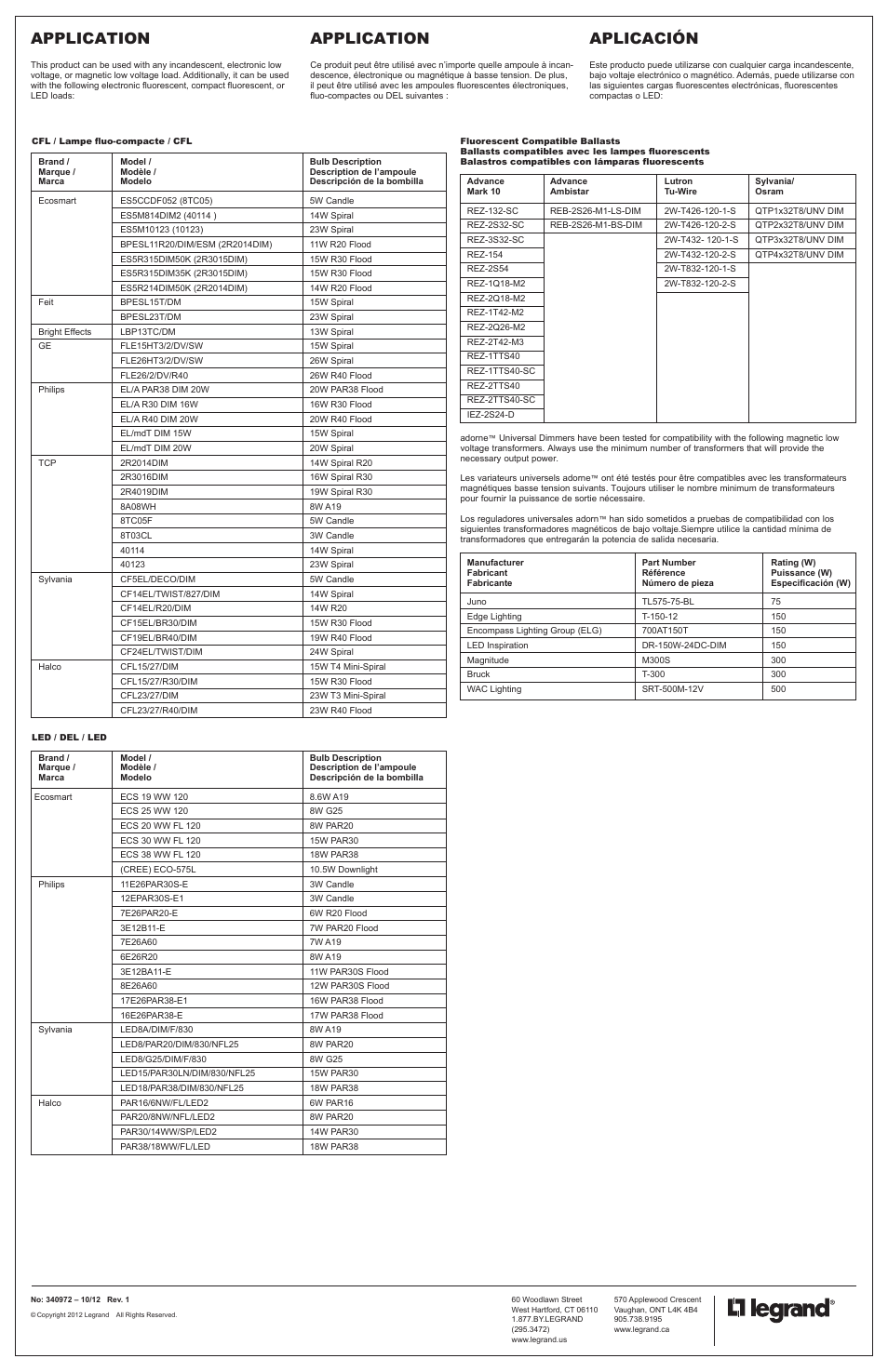 Application, Application aplicación | Legrand ADTP703TU User Manual | Page 4 / 4