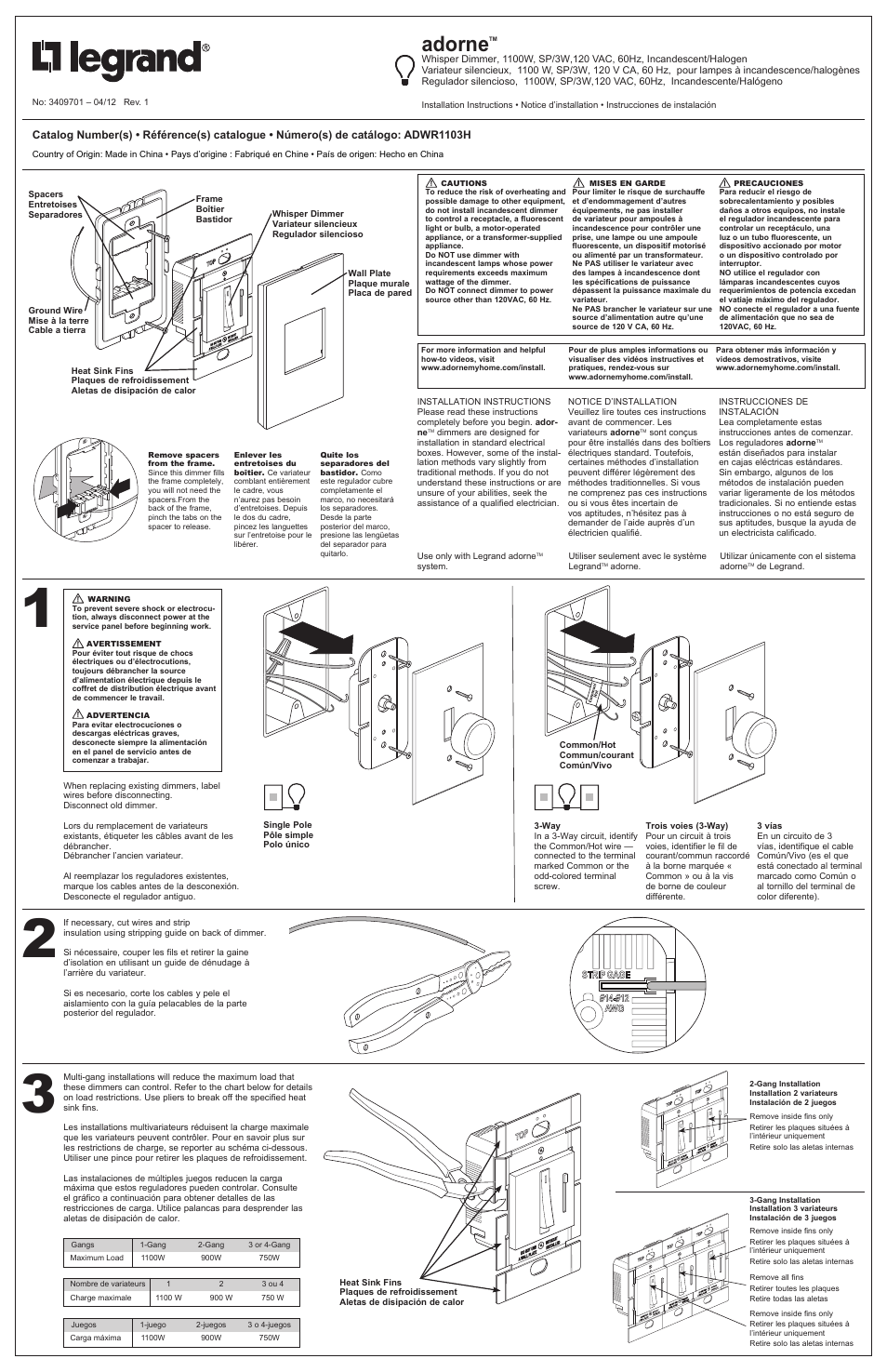 Legrand ADWR1103H User Manual | 2 pages