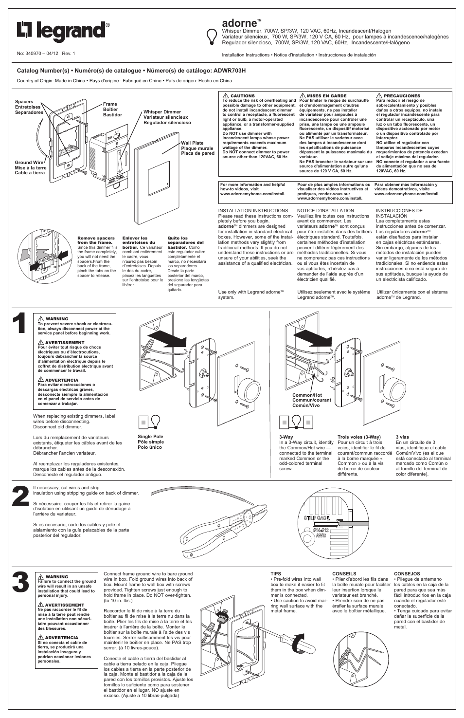 Legrand ADWR703H User Manual | 2 pages