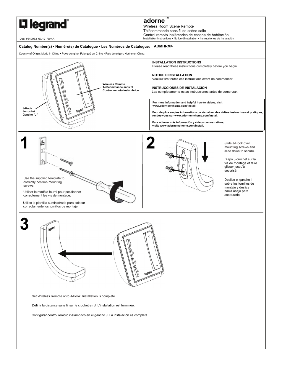 Legrand ADMHRM4 adorne Wireless Room Scene Remote User Manual | 2 pages