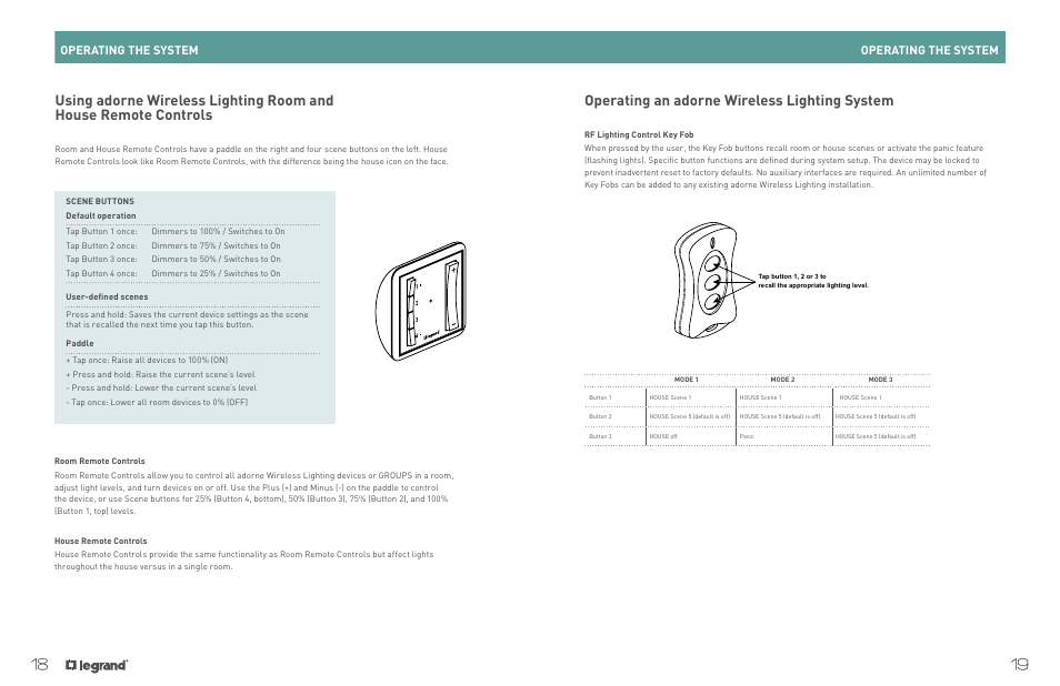 Operating an adorne wireless lighting system, Operating the system | Legrand ADWHRM4 adorne Wireless User Manual | Page 11 / 17