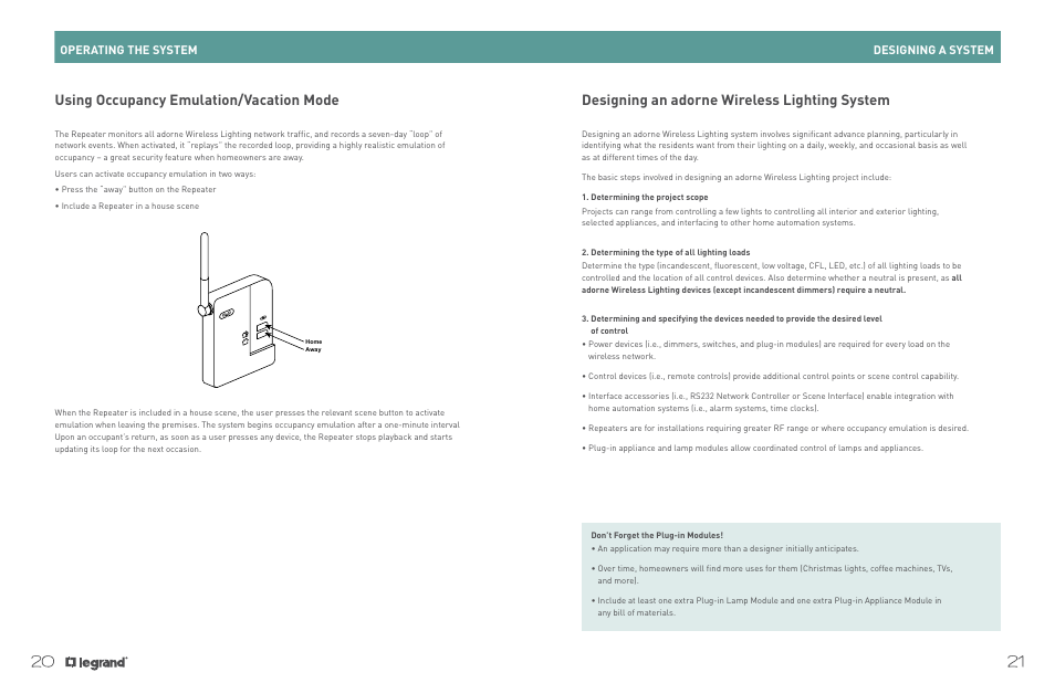 Using occupancy emulation/vacation mode, Designing an adorne wireless lighting system, Designing a system operating the system | Legrand ADWHRM4 adorne Wireless User Manual | Page 12 / 17