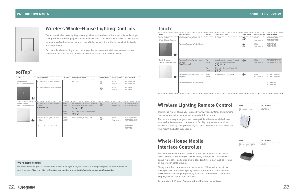 Wireless whole-house lighting controls, Wireless lighting remote control, Whole-house mobile interface controller | Softap, Touch, Product overview, We’re here to help | Legrand ADWHRM4 adorne Wireless User Manual | Page 13 / 17