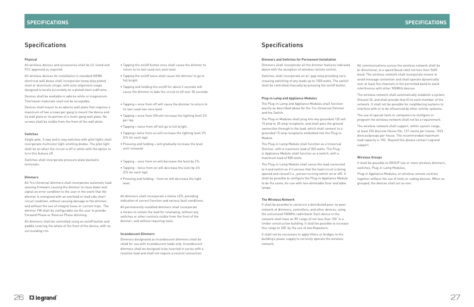 Specifications, Switches, dimmers, outlets, and accessories | Legrand ADWHRM4 adorne Wireless User Manual | Page 15 / 17