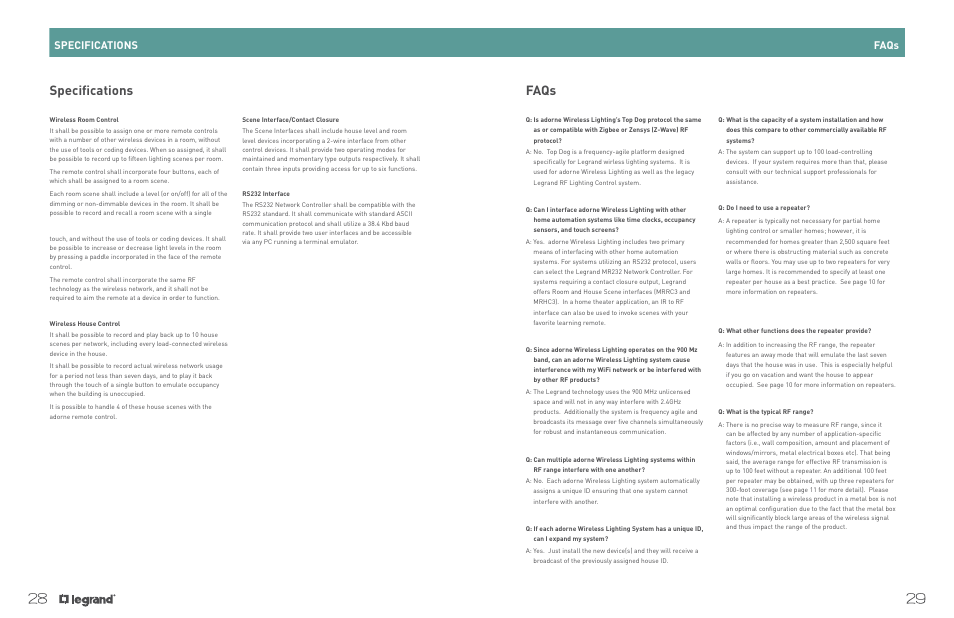 Faqs specifications, Switches, dimmers, outlets, and accessories | Legrand ADWHRM4 adorne Wireless User Manual | Page 16 / 17