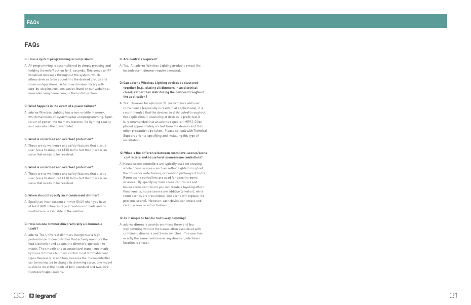 Faqs, Switches, dimmers, outlets, and accessories | Legrand ADWHRM4 adorne Wireless User Manual | Page 17 / 17