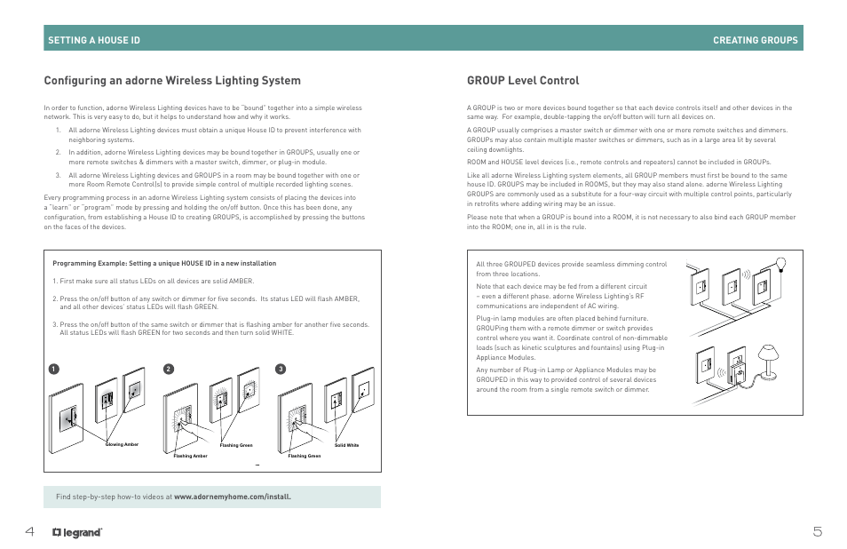 Configuring an adorne wireless lighting system, Group level control, Creating groups setting a house id | Legrand ADWHRM4 adorne Wireless User Manual | Page 4 / 17