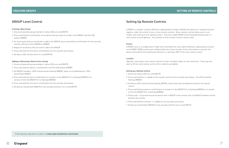 Group level control, Setting up remote controls, Setting up remote controls creating groups | Legrand ADWHRM4 adorne Wireless User Manual | Page 5 / 17