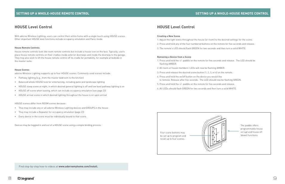 House level control, Setting up a whole-house remote control | Legrand ADWHRM4 adorne Wireless User Manual | Page 6 / 17