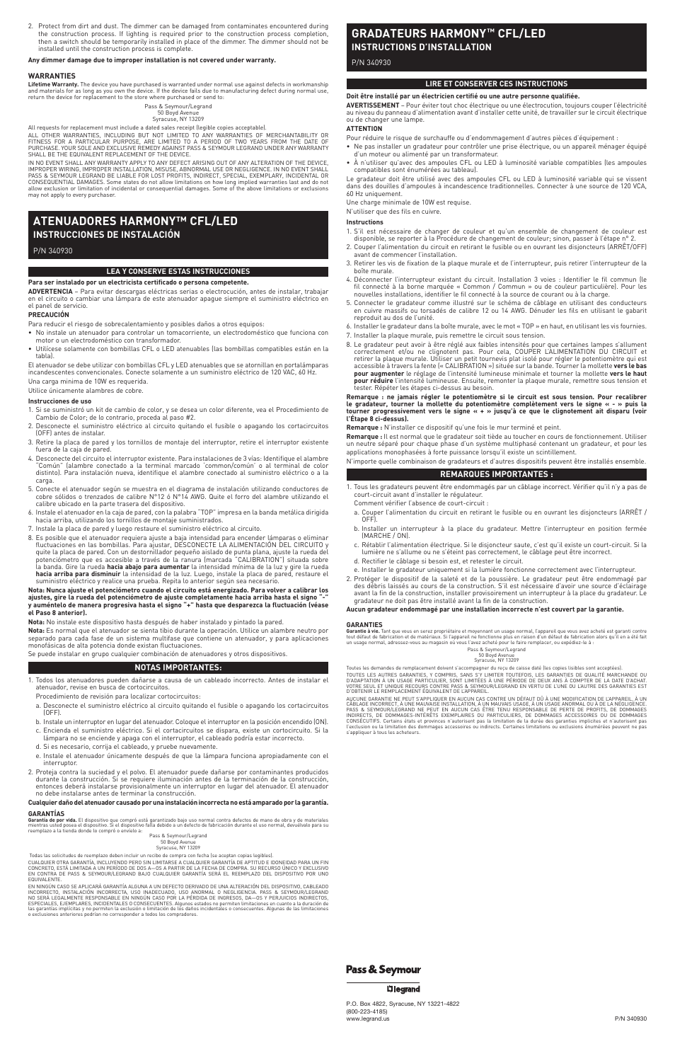 Atenuadores harmony™ cfl/led, Gradateurs harmony, Cfl/led | Instrucciones de instalación, Instructions d’installation | Legrand HCL453PTC User Manual | Page 2 / 2