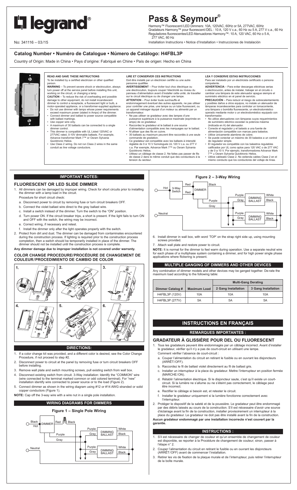 Legrand H4FBL3P User Manual | 2 pages