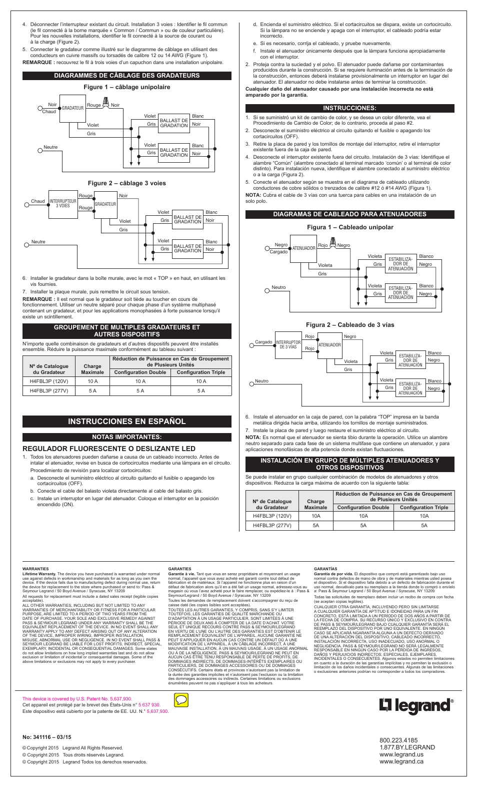 Instrucciones en español, Regulador fluorescente o deslizante led | Legrand H4FBL3P User Manual | Page 2 / 2