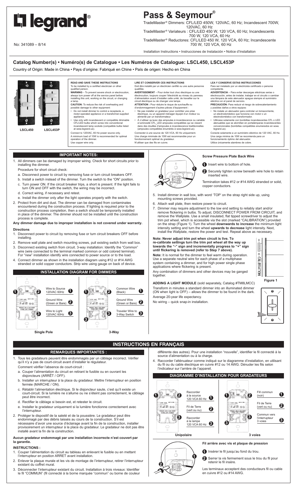 Legrand LSCL450 User Manual | 2 pages