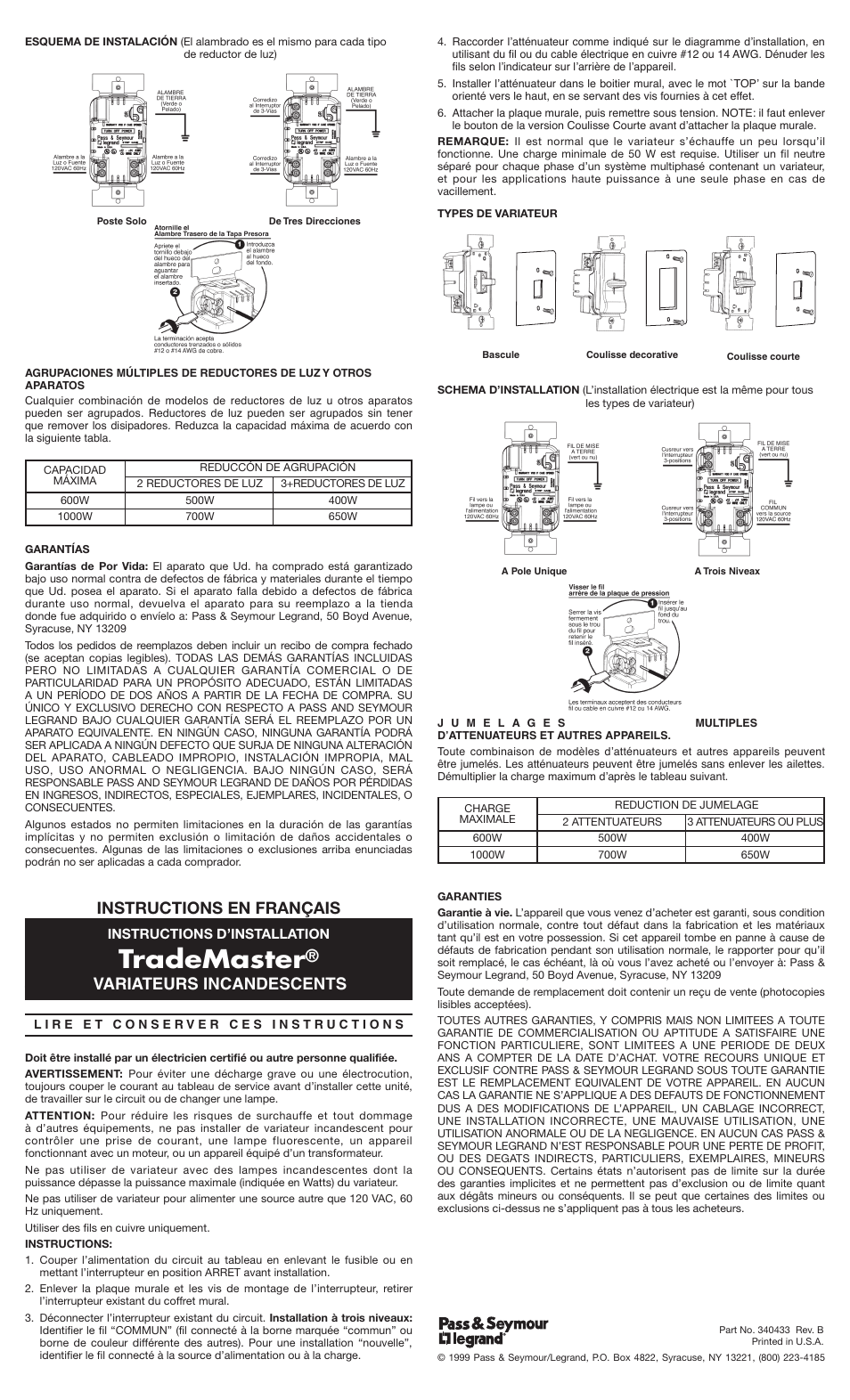 Trademaster, Variateurs incandescents instructions en français | Legrand LS1000 User Manual | Page 2 / 2