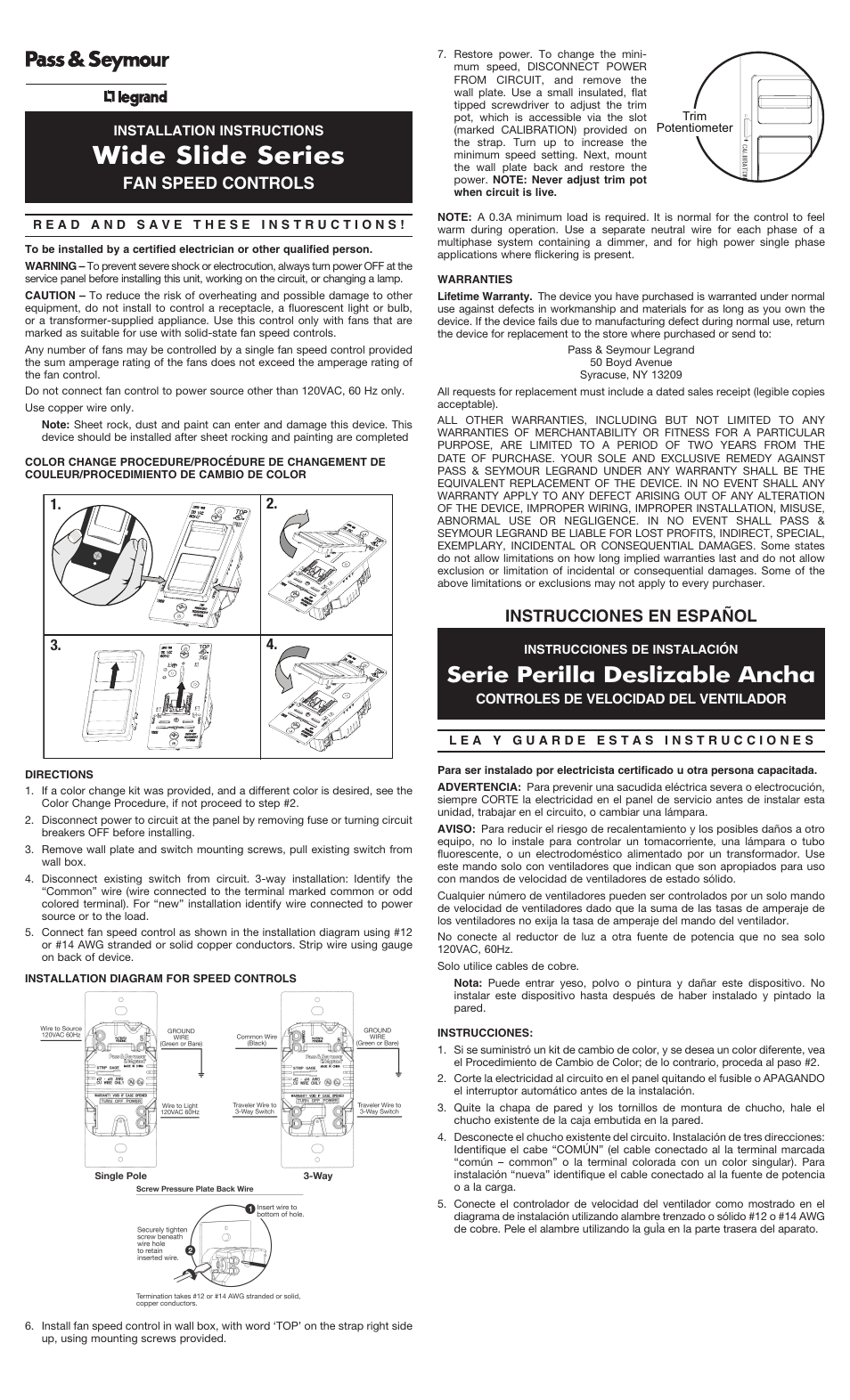 Legrand Wide Slide Series Incandescent Dimmers User Manual | 2 pages