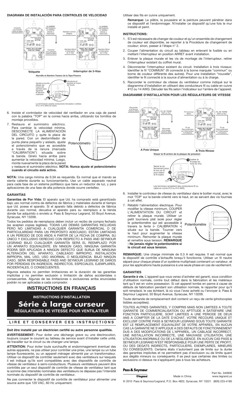 Série à large curseur, Instructions en français | Legrand Wide Slide Series Incandescent Dimmers User Manual | Page 2 / 2