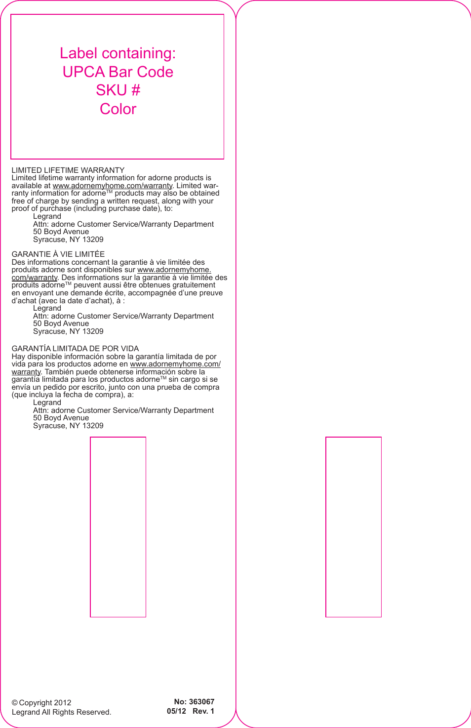 Blank card die line, Label containing: upca bar code sku # color | Legrand AABK1 User Manual | Page 2 / 2