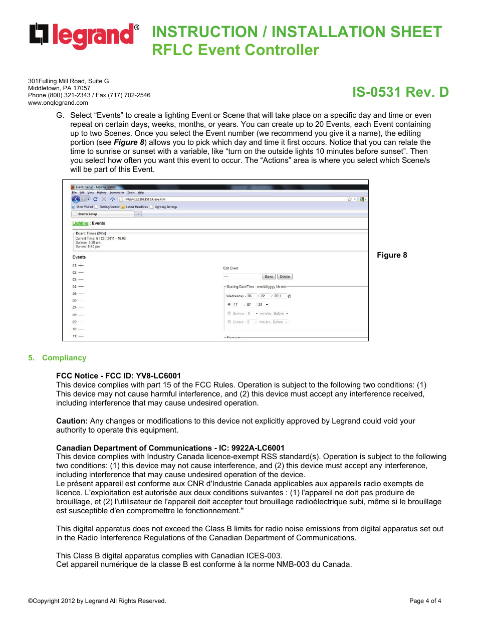 Is-0531 rev. d | Legrand LC6001 User Manual | Page 4 / 4