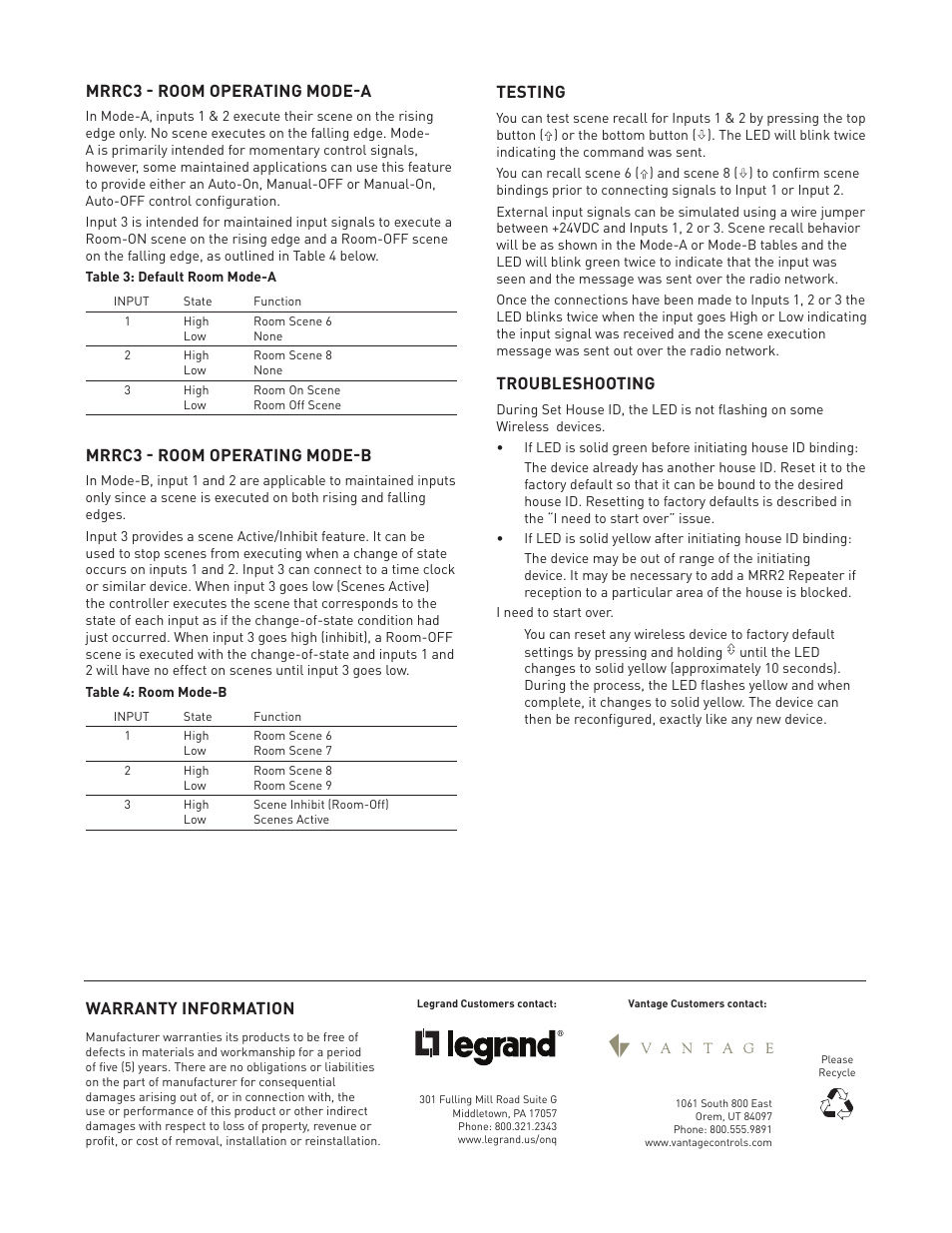 Warranty information, Testing, Troubleshooting | Mrrc3 - room operating mode-a, Mrrc3 - room operating mode-b | Legrand MRHC3 User Manual | Page 5 / 5