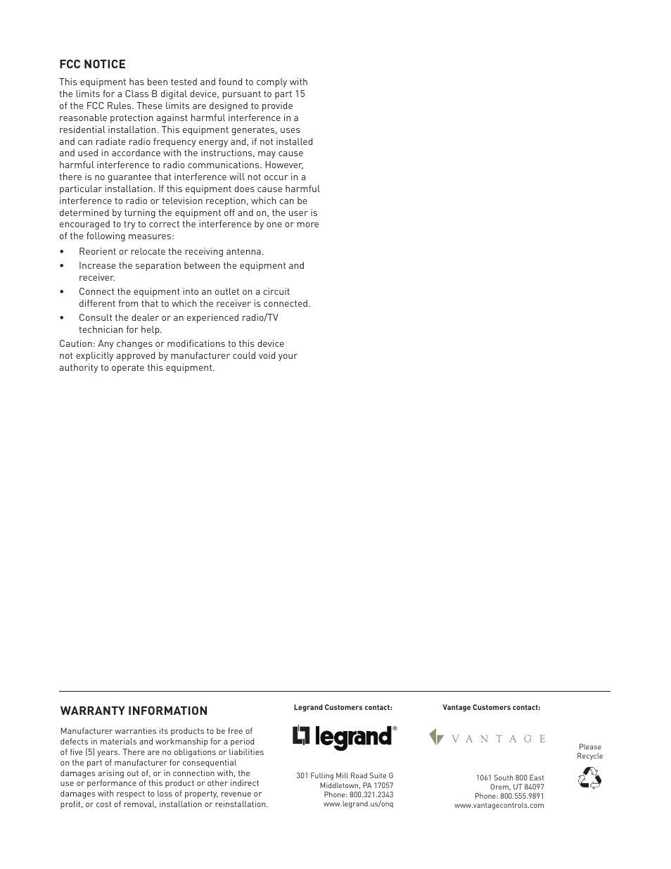 Fcc notice, Warranty information | Legrand MRIR1 User Manual | Page 5 / 5