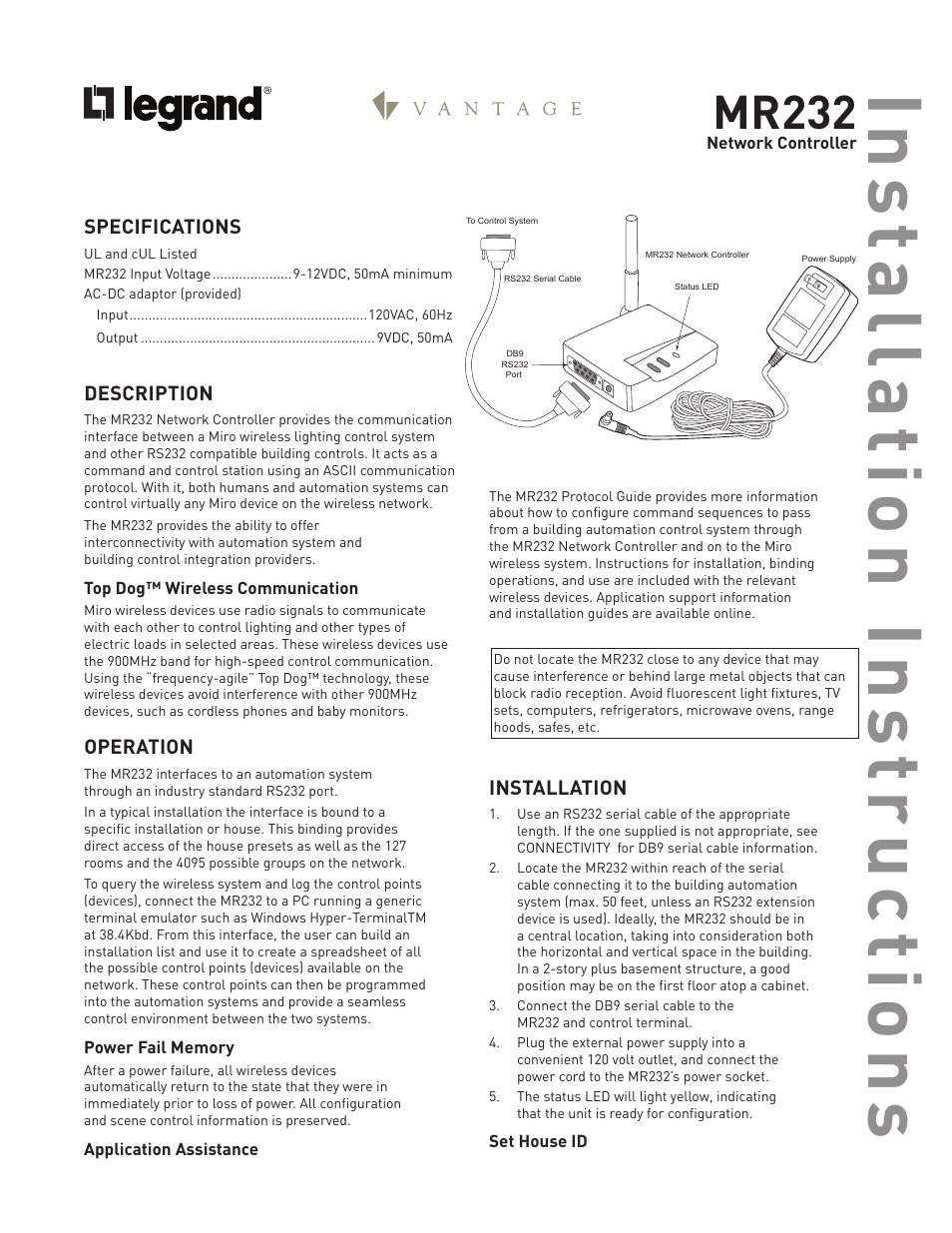 Mr232 | Legrand RS232 User Manual | Page 2 / 5