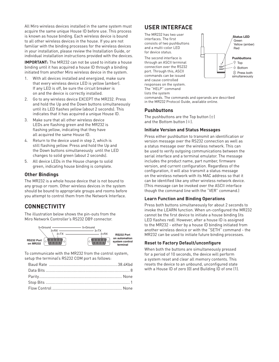 Connectivity, User interface, Other bindings | Pushbuttons | Legrand RS232 User Manual | Page 3 / 5