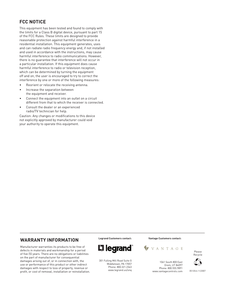 Warranty information, Fcc notice | Legrand RS232 User Manual | Page 5 / 5