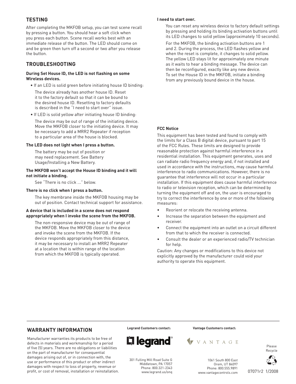 Testing, Troubleshooting, Warranty information | Legrand MKFOB User Manual | Page 6 / 6