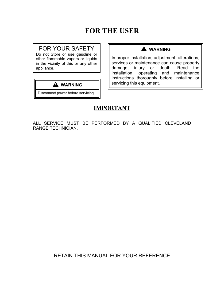 For the user, Important, For your safety | Cleveland Range Steam Cooker and Rethermalization Unit 22CET3A User Manual | Page 2 / 46