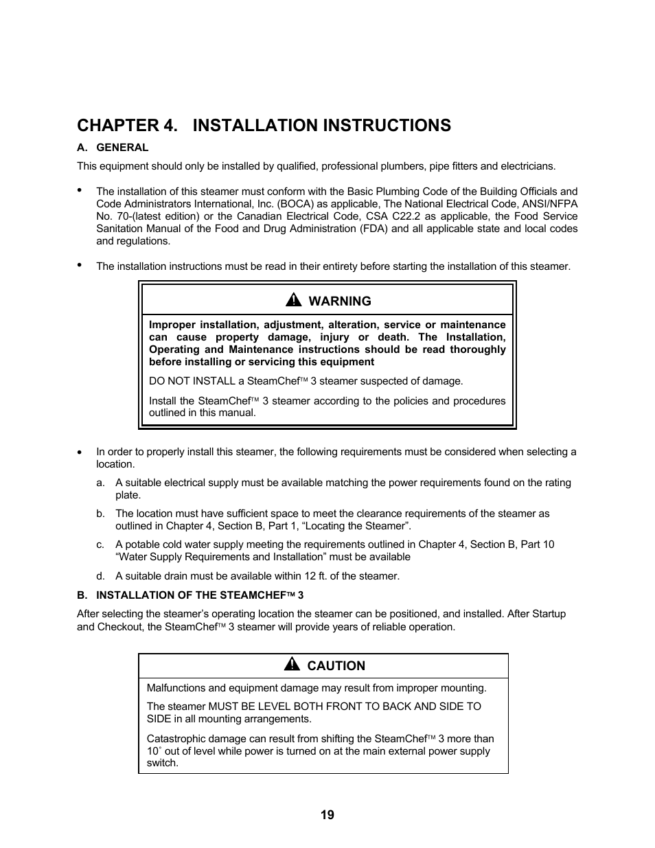 Chapter 4. installation instructions | Cleveland Range Steam Cooker and Rethermalization Unit 22CET3A User Manual | Page 23 / 46