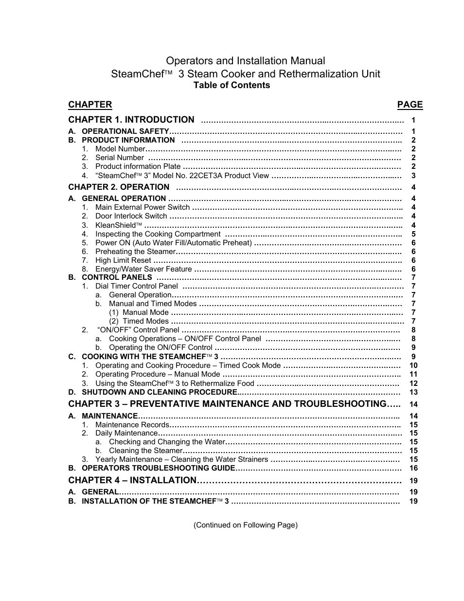 Cleveland Range Steam Cooker and Rethermalization Unit 22CET3A User Manual | Page 3 / 46