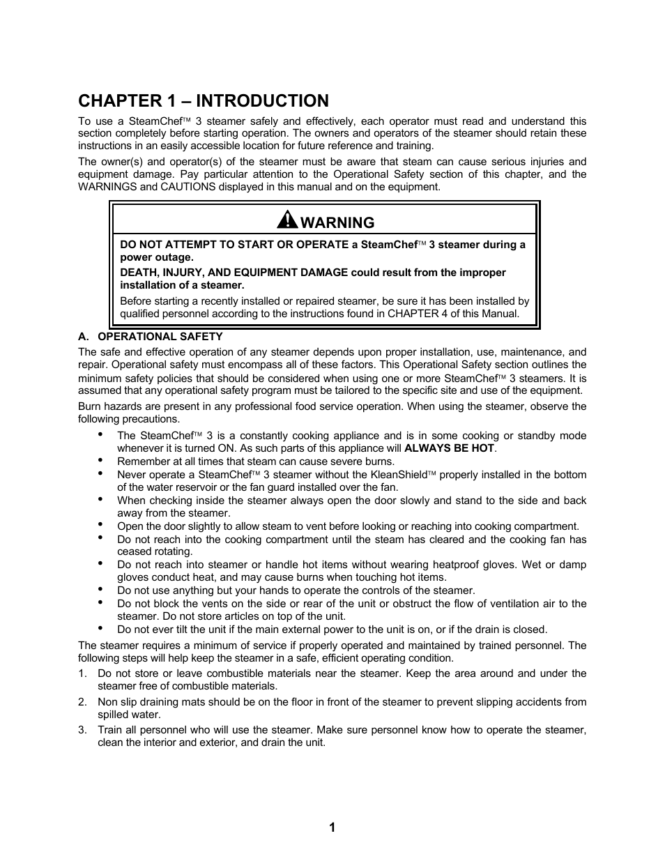 Chapter 1 – introduction, Warning | Cleveland Range Steam Cooker and Rethermalization Unit 22CET3A User Manual | Page 5 / 46